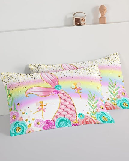 HOSIMA Mermaid Comforter with 2 Pillowcases,Girly Rainbow Bedding Set Glitter Pink Mermaid Tail Twin Comforter Set,Flower Fairies Rose Gold Comforter Set,Floral Comforter for Girls Teens Bedroom. - LeafyLoom