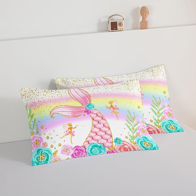 HOSIMA Mermaid Comforter with 2 Pillowcases,Girly Rainbow Bedding Set Glitter Pink Mermaid Tail Comforter Set,Flower Fairies Rose Gold Comforter Set,Floral Full Size Bed in a Bag Set. - LeafyLoom