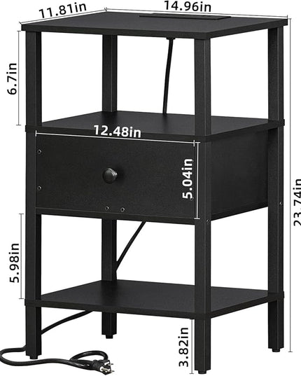 Lerliuo Nightstand with Charging Station and USB Ports, 3-Tier Storage End Table with Drawer Shelf, Night Stand for Small Spaces, Wood Bed Side Table for Living Room, Bedroom - Classic Black - LeafyLoom