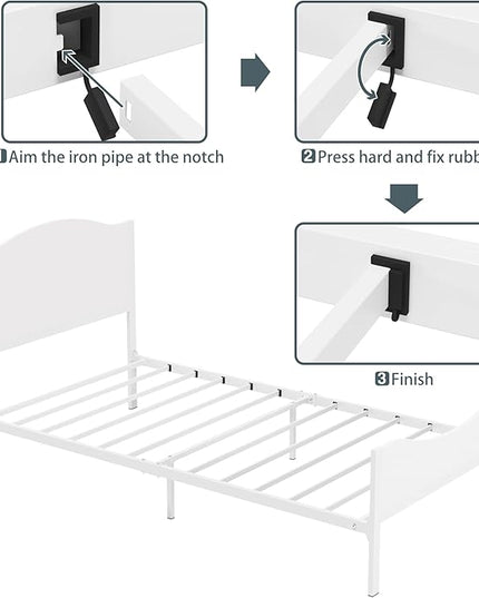 Timy Kids Twin Bed Frame with Wooden Headboard and Footboard, Metal Platform Bed Frame for Boys Girls Teens Adults, Modern Kids Bed Furniture, No Box Spring Needed, White - LeafyLoom