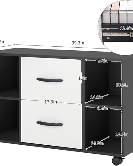 sogesfurniture Mobile Lateral Filing Cabinet with 2 Drawers,Lateral Office Cabinet Printer Stand, Multifunctional Storage Cabinet with Open Shelves and Castors for Home & Office (Black) - LeafyLoom