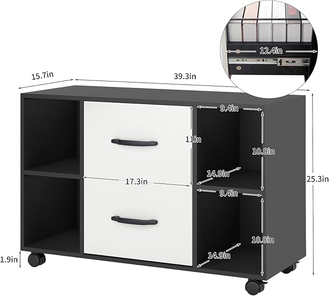 sogesfurniture Mobile Lateral Filing Cabinet with 2 Drawers,Lateral Office Cabinet Printer Stand, Multifunctional Storage Cabinet with Open Shelves and Castors for Home & Office (Black) - LeafyLoom