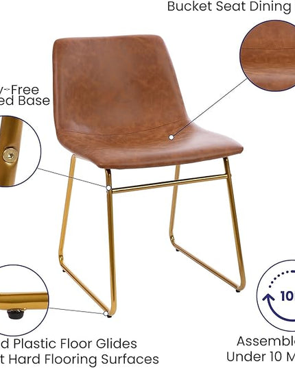 Flash Furniture Butler 18 Inch Commercial Grade LeatherSoft Dining Table Height Chair, Mid-Back Gold Sled Base with Light Brown LeatherSoft Upholstery, Set of 2 - LeafyLoom