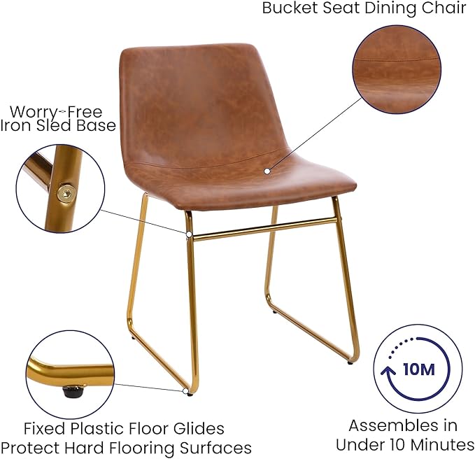 Flash Furniture Butler 18 Inch Commercial Grade LeatherSoft Dining Table Height Chair, Mid-Back Gold Sled Base with Light Brown LeatherSoft Upholstery, Set of 2 - LeafyLoom