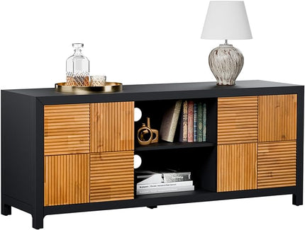 Bme Solid Wood Fluted Fully Assembled Media Console, Craft to Last Center with Soft Close Door & Adjustable Storage Space, Spacious & Unique Entertainment, Madia 60 Inch TV Stand, Black & Teak Brown - LeafyLoom