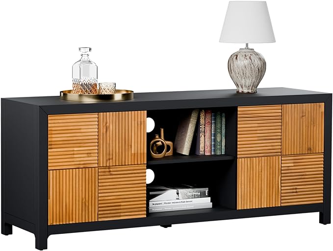 Bme Solid Wood Fluted Fully Assembled Media Console, Craft to Last Center with Soft Close Door & Adjustable Storage Space, Spacious & Unique Entertainment, Madia 60 Inch TV Stand, Black & Teak Brown - LeafyLoom