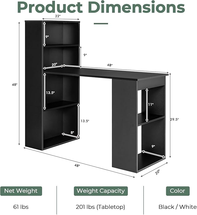 Computer Desk with Shelves, Black - LeafyLoom