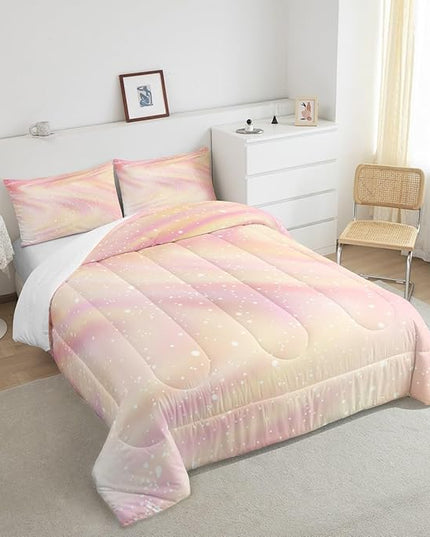 Girls Pastel Bedding for Kids Toddlers, Glitter Galaxy Space Bedding Comforter Sets Gradient Sparkle Comforter Set for Boys Girls Bedroom, Tie Dye Pastel Bedroom Decor 3 Pcs, Full ( Pink Yellow) - LeafyLoom