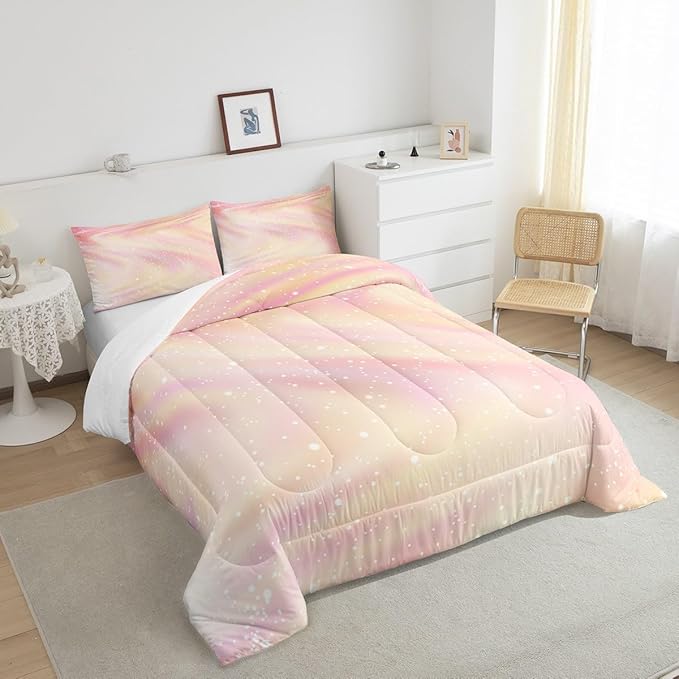 Girls Pastel Bedding for Kids Toddlers, Glitter Galaxy Space Bedding Comforter Sets Gradient Sparkle Comforter Set for Boys Girls Bedroom, Tie Dye Pastel Bedroom Decor 3 Pcs, Full ( Pink Yellow) - LeafyLoom