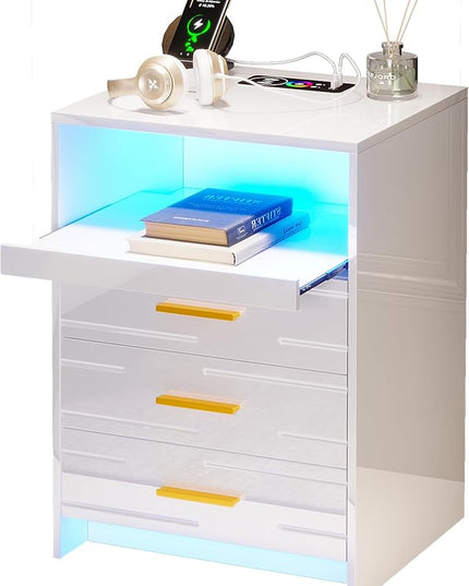 HNEBC RGB LED Nightstand with Wireless Charging Station, Smart Night Stand with 3 Drawers and Sliding Tray, Modern Bedside Table for Bedroom Furniture, High Gloss End Sofa Tables (B White) - LeafyLoom