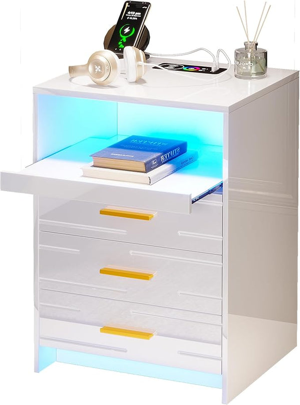 HNEBC RGB LED Nightstand with Wireless Charging Station, Smart Night Stand with 3 Drawers and Sliding Tray, Modern Bedside Table for Bedroom Furniture, High Gloss End Sofa Tables (B White) - LeafyLoom
