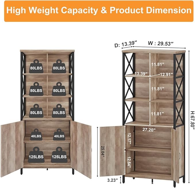 FATORRI Bookshelf with Doors, Rustic Tall Bookshelf with Cabinet, Industrial Farmhouse Book Shelf and Cube Organizer Bookcase for Living Room (Rustic Oak) - LeafyLoom