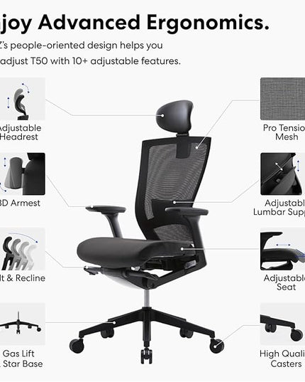 SIDIZ T50 Ergonomic Office Chair : High Performance Home Office Chair with Adjustable Headrest, Lumbar Support, 3D Armrest, Seat Depth, Mesh Back Computer Chair, Alternative Gaming Chair (Black) - LeafyLoom