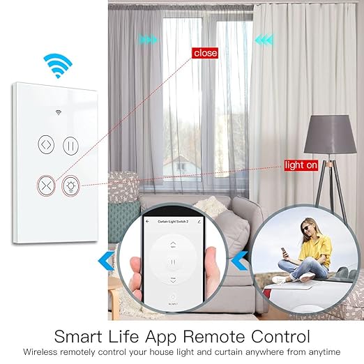 MOES 2.4GHz WiFi RF Smart Curtain Light Touch Switch Glass Panel Backlight ON/Off Wireless Remote Control with Tuya Smart Life App, Voice Control with Google Home Alexa, White MOES