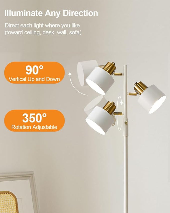 OYEARS Floor Lamp for Living Room Bright Lighting Tall Modern Industrial Vintage Standing Corner Lamps LED Metal Light Office Bedroom Study Gold Black White Matte Accent (3-Light, White) - LeafyLoom