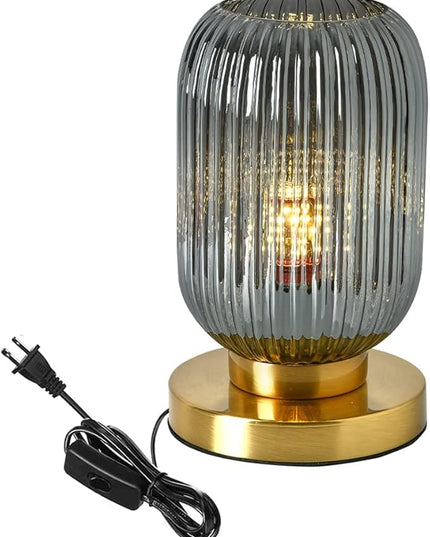 Bedside Table Lamp Mid Century Glass Table Lamps Modern Globe Table lamp Gold Desk lamp nightstand lamp with Pumpkin Design with Ribbed Glass Shade for Bedroom Living Room Office (Smoke gray) - LeafyLoom
