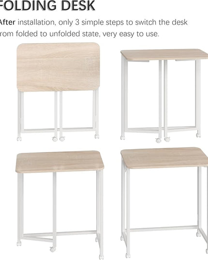 4NM 23.6" Mobile Small Folding Desk, Adjustable Rolling Compact Laptop Cart Desk, Couch Desk, Bed Desk for Laptop for Small Space Offices - Natural and White - LeafyLoom