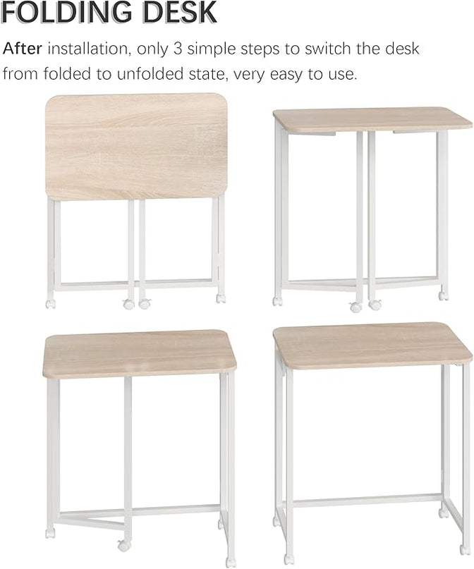 4NM 23.6" Mobile Small Folding Desk, Adjustable Rolling Compact Laptop Cart Desk, Couch Desk, Bed Desk for Laptop for Small Space Offices - Natural and White - LeafyLoom
