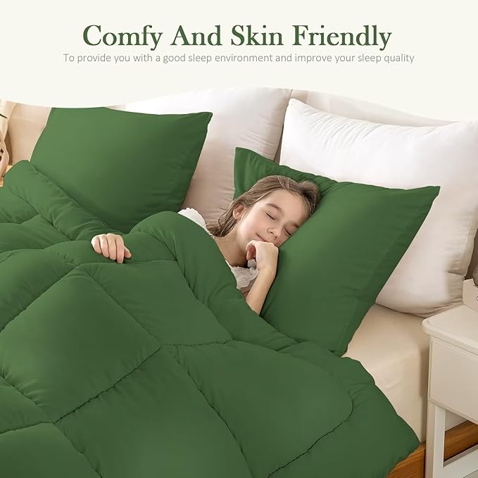 WhatsBedding Twin Comforter Set,Olive Green Lightweight Bedding Set for All Season Soft Down Alternative Bed Set with 1 Pillowcase, Twin Size, 64"x88" - LeafyLoom