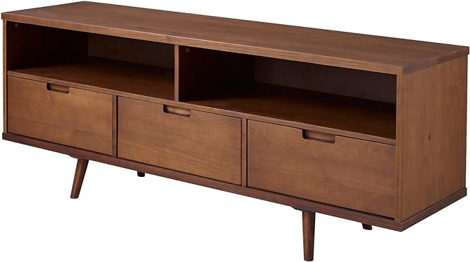 Walker Edison 3-Drawer Mid Century Modern Wood TV Stand for TV's up to 65" Flat Screen Cabinet Door Living Room Storage Entertainment Center, 58 Inch, Walnut - LeafyLoom