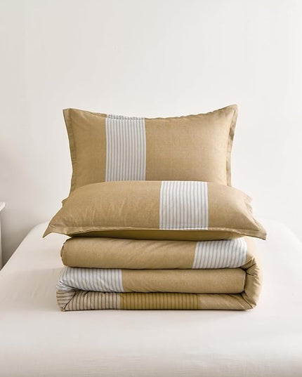 WONGS BEDDING Comforter Set Queen, Reversible Yellow Striped Patchwork Down Alternative Comforter for Queen Bed,3 Pieces (1 Comforter+2 Pillowcases), Soft Microfiber Bedding Set 90"×90" - LeafyLoom