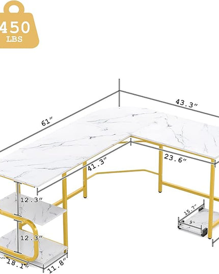 Teraves Reversible L Shaped Desk with Large Surface, 61 Inch Sturdy Corner Desk with Storage Shelves, Premium Office Computer Desk Workstation for Home Office Gaming - LeafyLoom