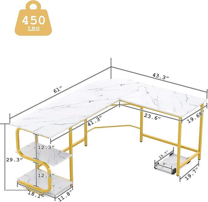 Teraves Reversible L Shaped Desk with Large Surface, 61 Inch Sturdy Corner Desk with Storage Shelves, Premium Office Computer Desk Workstation for Home Office Gaming - LeafyLoom