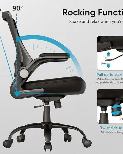T29 Ergonomic Office Chair, Comfy Computer Desk Chair, Mesh Back Home Office Chair with PU Leather Padded, Adjustable Lumbar Support, Flip-up Arms,Swivel Wheels,Work Task Chair for Long Hours - LeafyLoom
