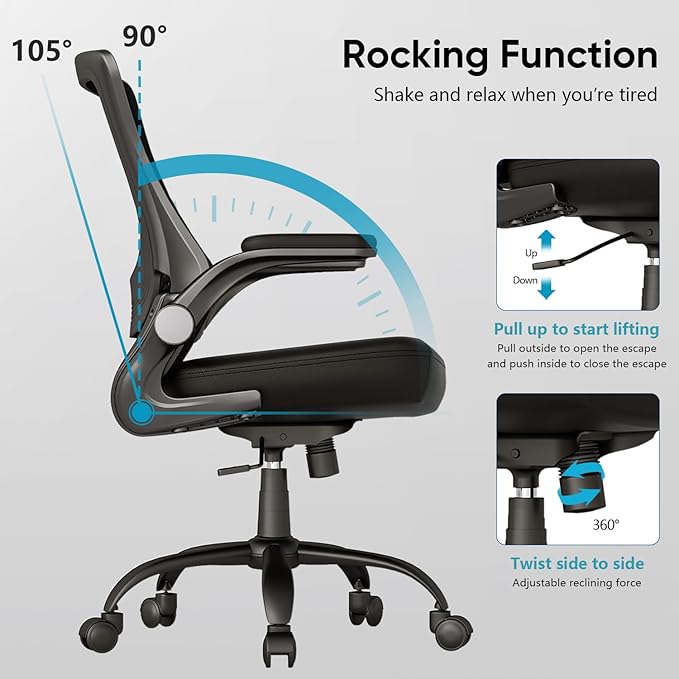 T29 Ergonomic Office Chair, Comfy Computer Desk Chair, Mesh Back Home Office Chair with PU Leather Padded, Adjustable Lumbar Support, Flip-up Arms,Swivel Wheels,Work Task Chair for Long Hours - LeafyLoom