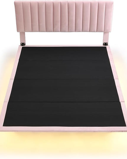 RITSU Queen Size Upholstered Floating Velvet Platform Bed with Sensor Light and Headboard, Plywood & Solid Bedframe, for Apartment Bedroom, No Need for Box Springs, Pink - LeafyLoom