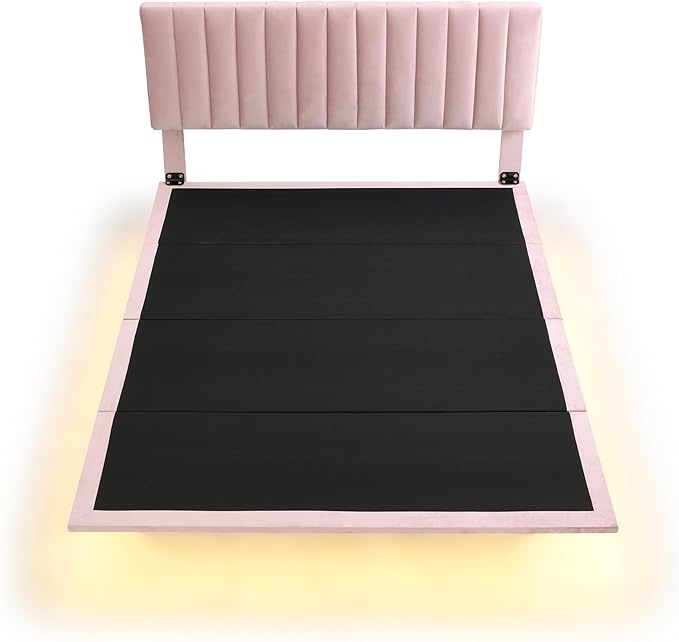 RITSU Queen Size Upholstered Floating Velvet Platform Bed with Sensor Light and Headboard, Plywood & Solid Bedframe, for Apartment Bedroom, No Need for Box Springs, Pink - LeafyLoom