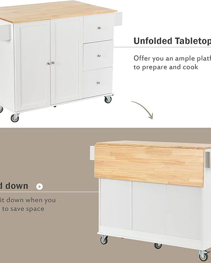 52.7 Cart with Wood Top and Drop Leaf Breakfast Bar, Rolling Mobile Island Towel Rack,Large Storage Cabinet Kitchen Table for Dinning Room, White, 52.76 Inch - LeafyLoom