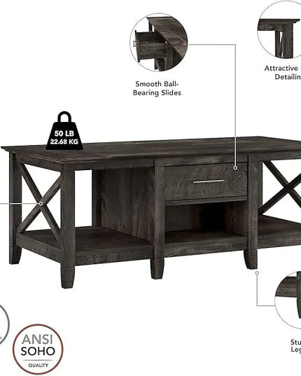 Bush Furniture Key West 47-Inch x 24-Inch Coffee Table, Dark Gray Hickory (KWT148GH-03) - LeafyLoom