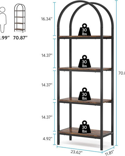 4-tier Arched Bookshelf, Tall Open Bookcase Storage Shelves, Wood Metal Freestanding Display Rack Tall Shelving Unit for Home Office, Bedroom, Living Room, Rustic Brown - LeafyLoom