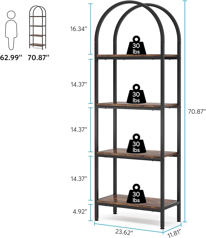 4-tier Arched Bookshelf, Tall Open Bookcase Storage Shelves, Wood Metal Freestanding Display Rack Tall Shelving Unit for Home Office, Bedroom, Living Room, Rustic Brown - LeafyLoom