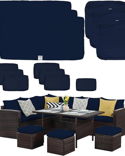 ClawsCover 13Pack Outdoor Seat and Back Cushions Replacement Covers Fit for 7Pieces Wicker Rattan Patio Furniture Set Sectional Couch with Dining Table and Ottoman,Navy-Include Cover Only - LeafyLoom