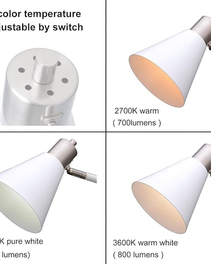 Height Adjustable Reading Floor Lamp,Industrial Modern Style,360°Rotatable Shade,White & Brushed Nickel Finsh, 3color Adjustable,for Living Room,Office,Bedroom Reading,Easel Work (White+Wood) - LeafyLoom