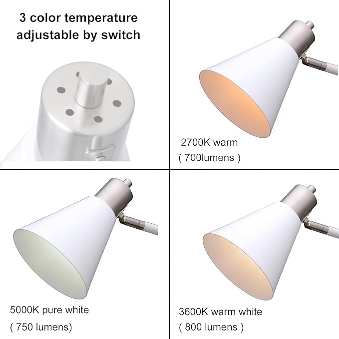 Height Adjustable Reading Floor Lamp,Industrial Modern Style,360°Rotatable Shade,White & Brushed Nickel Finsh, 3color Adjustable,for Living Room,Office,Bedroom Reading,Easel Work (White+Wood) - LeafyLoom