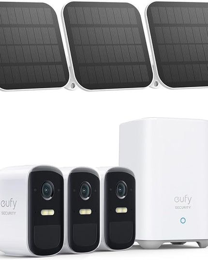 eufy Security, eufyCam 2C 3-Cam Kit with Solar Panel 2W, Security Camera Wireless Outdoor, Home Security System, HomeKit Compatibility, 1080p HD, IP67, Night Vision, Motion Only Alert, No Monthly Fee eufySecurity