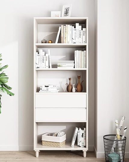IOTXY Floorstanding Wooden Bookcase with Legs - 67" Tall Open Shelves Cube Billy Bookshelf with Drawers for Home and Office, White - LeafyLoom