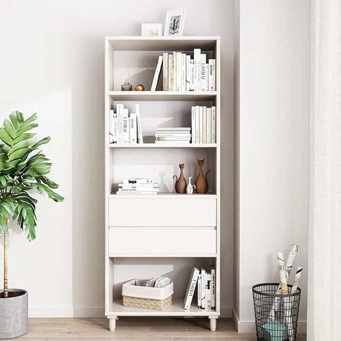 IOTXY Floorstanding Wooden Bookcase with Legs - 67" Tall Open Shelves Cube Billy Bookshelf with Drawers for Home and Office, White - LeafyLoom