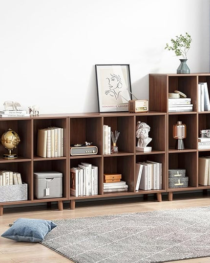 IOTXY Open Cube Low Bookcase - 3-Tier Freestanding Storage Display Cabinet Organizer with Legs for Home Office, 6-Cubes Open Shelf Short Bookshelf, Walnut - LeafyLoom