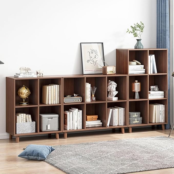 IOTXY Open Cube Low Bookcase - 3-Tier Freestanding Storage Display Cabinet Organizer with Legs for Home Office, 9-Cubes Open Shelf Short Bookshelf, Walnut - LeafyLoom