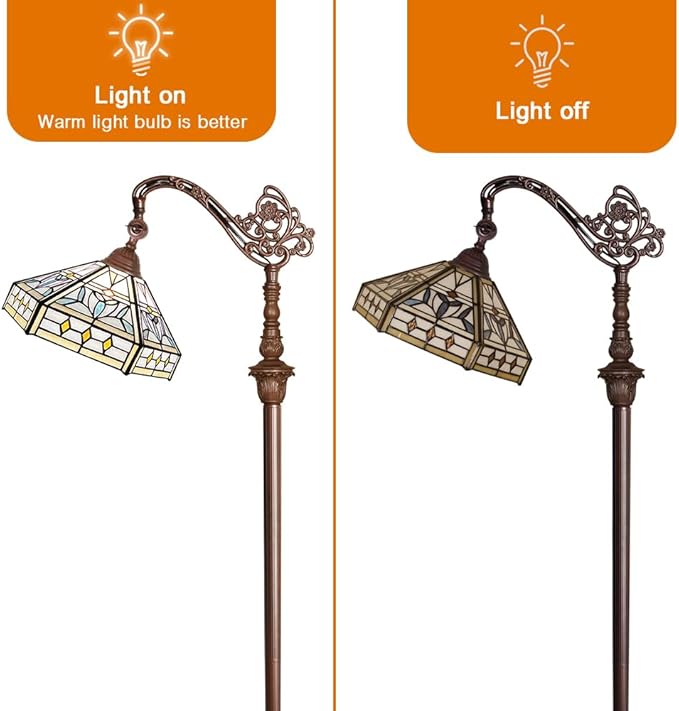 Capulina Tiffany Floor Lamp 62 Inches Tall Mission Hexagon Virgin Style Stained Glass Soft Light Arched Gooseneck Adjustable Angle Reading Floor Lamp for Living Room Bedroom Home Office - LeafyLoom