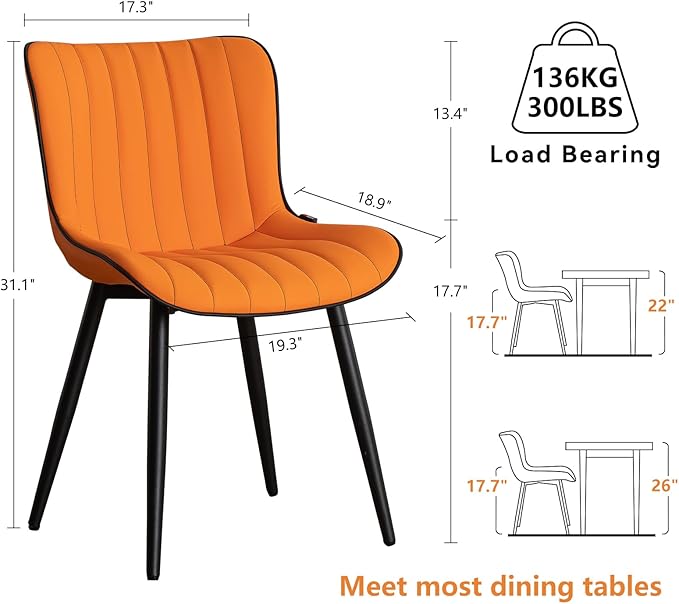 YOUNUOKE Orange Dining Chairs Set of 2 Upholstered Mid Century Modern Kitchen Chair Armless Faux Leather Accent Guest Side Chair with Back and Metal Legs for Living Reception Waiting Room Bedroom - LeafyLoom
