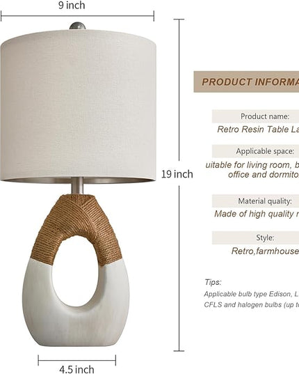 OYEARS 19” Boho Table Lamps Bedroom Living Room Small Farmhouse Rattan Lamp Rustic Egg Design Resin Nightstand Bedside Lamps for Bedroom Living Room Office Study Rest Decor - LeafyLoom