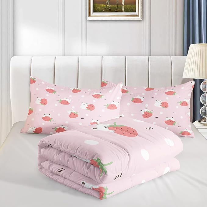 Cartoon Bear Comforter Twin Size,Pink Strawberry Comforter Set for Kids Teens Girls,3Pcs Bedding Set Printed Comforter with 2 Pillowcases,Down Alternative,Soft and Lightweight，Twin Size - LeafyLoom