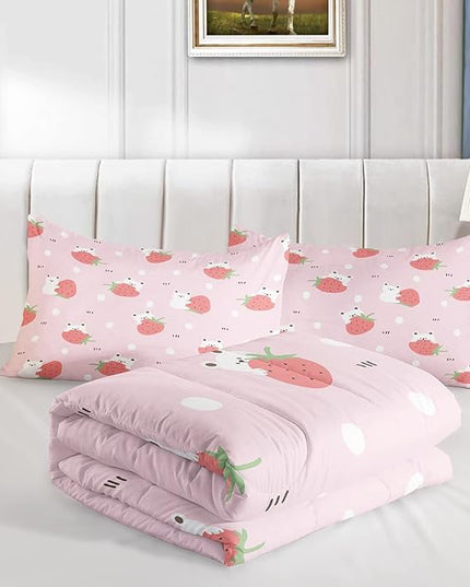 Cartoon Bear Comforter Full Size,Pink Strawberry Comforter Set for Kids Teens Girls,3Pcs Bedding Set Printed Comforter with 2 Pillowcases,Down Alternative,Soft and Lightweight，Full Size - LeafyLoom