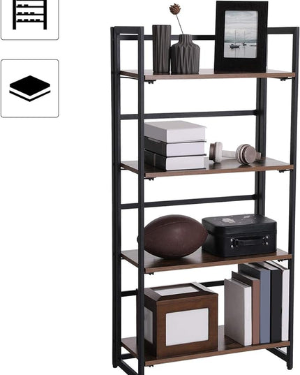 VASAGLE Industrial Bookshelf, Folding Bookcase, 4-Tier Ladder Shelf, Wood Look Accent Furniture with Metal Frame, for Home Office Sturdy and Stable ULLS88X - LeafyLoom