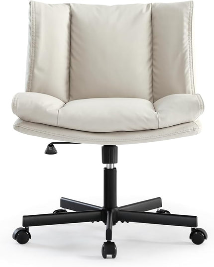 LEAGOO Armless Desk Chair, Office Chair with Wheels, PU-Leather Desk Chair, Modern Swivel Height Adjustable Office Chair with Wide Seat for Home, Office, Make Up, Bed Room - Beige - LeafyLoom